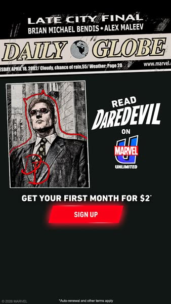 This ad for Marvel Unlimited features a digitally-enhanced image of Daredevil, the comic book character, superimposed on