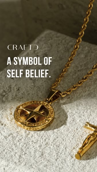 This ad showcases a CRAFTD necklace with a compass pendant, highlighting the theme of self-belief through a minimalist d