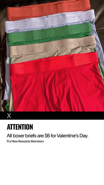 This image ad for Savage X Fenty promotes a Valentine's Day deal for new rewards members offering boxer briefs for $
