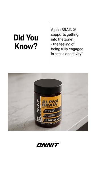 This image ad is promoting Onnit's Alpha Brain supplement, which supports focus, memory, and reaction time.