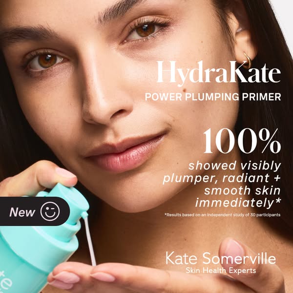 This ad features a close up of a woman's face alongside the HydraKate Power Plumping Primer. The ad highlights that 