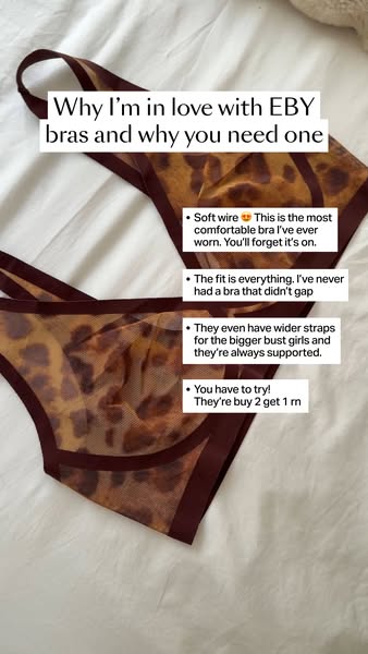 This ad showcases a bra from EBY and highlights its key features, such as soft wire, great fit, and wider straps for sup