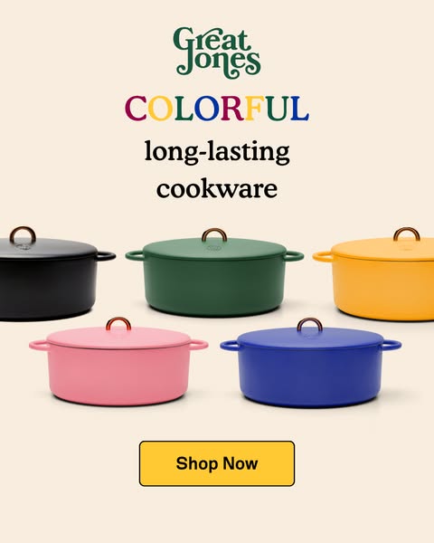 This ad showcases Great Jones colorful and long-lasting cookware, highlighting the brand's focus on quality and styl