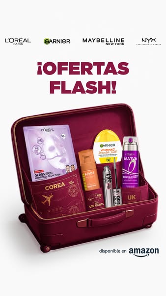 This ad promotes Flash offers from L'Oreal, Garnier, Maybelline, and NYX available on Amazon. The ad features variou