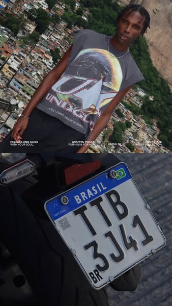 The ad features a man wearing a t-shirt with the brand name. The ad presents the brand as being for both men and women.