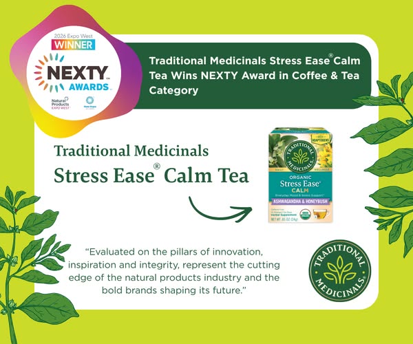 This is an ad for Traditional Medicinals Stress Ease Calm Tea announcing that it won a NEXTY award in the coffee & t