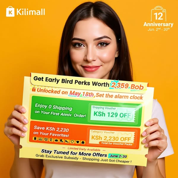 This image ad for Kilimall features a woman holding a sign promoting their 12th-anniversary sale. The sign highlights ea