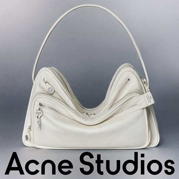 This ad showcases a white Acne Studios handbag against a gradient gray background. The brand name is prominently display