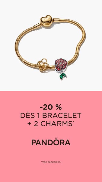 This image ad for Pandora features a gold bracelet with a heart-shaped clasp and two charms on a white background. The b