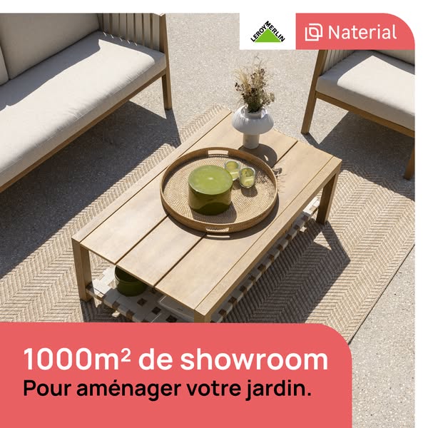 This ad by Leroy Merlin promotes a showroom for planning and designing a garden, featuring outdoor furniture.