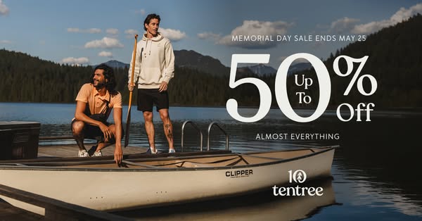 This image ad for tentree features two models standing on a dock next to a lake. It promotes a Memorial Day Sale that en