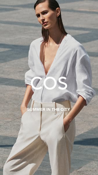 This COS ad features a model wearing a linen shirt and trousers. The ad promotes COS's summer in the city collection