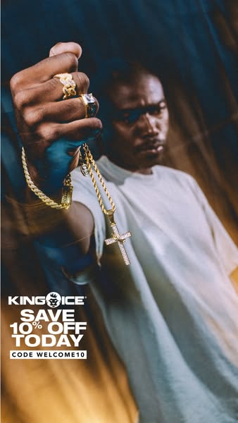 This image ad for King Ice jewelry features a man holding out gold rings and a diamond-studded cross necklace toward the