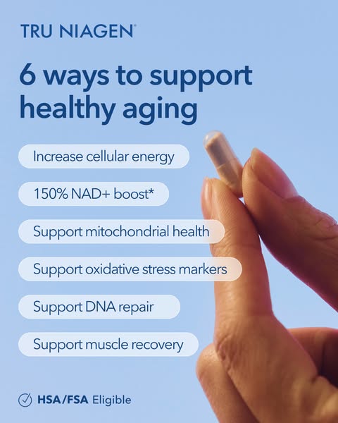 The image ad highlights Tru Niagen, a supplement designed to support healthy aging, by outlining six key benefits such a