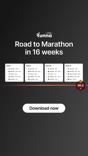 This ad for Runna promotes a marathon training plan that lasts 16 weeks. The ad features a headline that reads "Roa