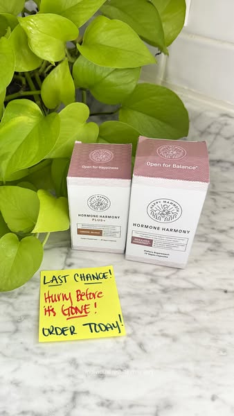 This image ad for Happy Mammoth features two of their Hormone Harmony supplements and a handwritten note urging customer