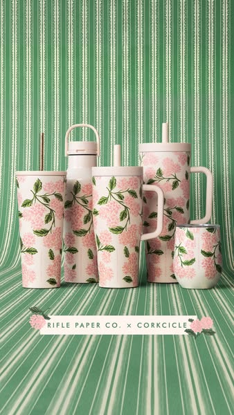 This ad features a variety of Corkcicle drinkware that has a Rifle Paper Co. design collaboration.