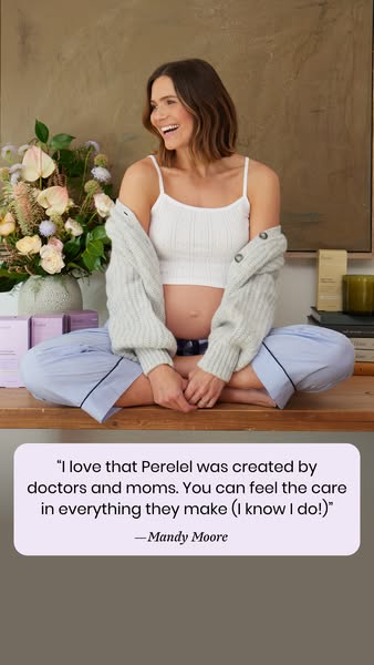 This ad features Mandy Moore, an actor, sitting in a cross-legged position on a desk with various Perelel product packag