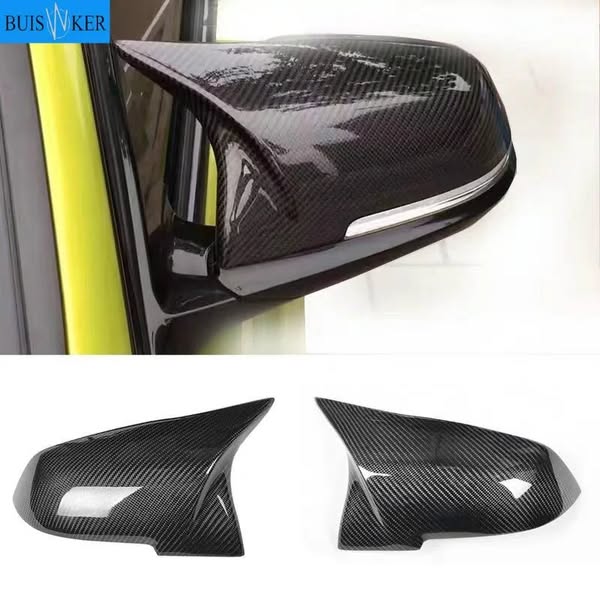 This ad showcases carbon fiber side mirrors for a car. The ad features a close-up of the product installed on a car, as 