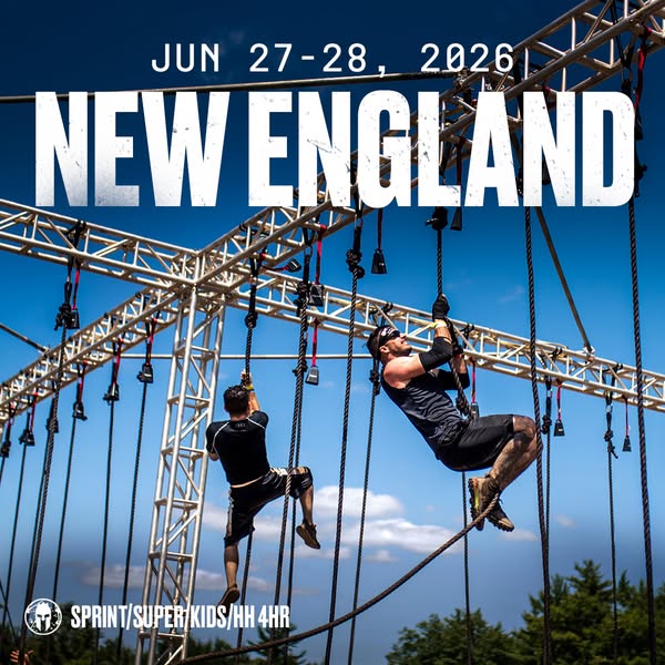 This image ad promotes the Spartan New England race event scheduled for June 27-28, 2026. It features two athletes navig