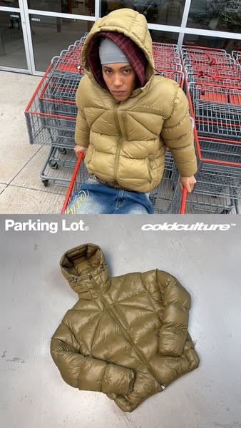 The ad showcases a puffer jacket from the brand Cold Culture. The ad uses a split-screen, with one side showing the jack