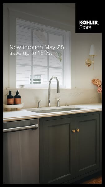 This image ad for Kohler promotes a sale offering up to 15% off. The ad features a well-lit and modern kitchen, highligh