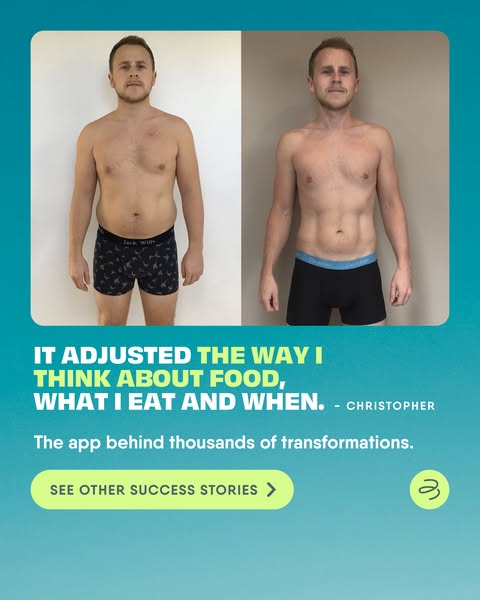 This ad features a split-screen before and after photo of a man’s body transformation. A quote highlights how the advert