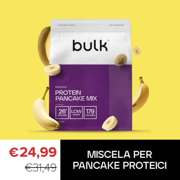 This ad promotes Bulk's Banana Protein Pancake Mix. The ad features the product packaging alongside bananas, emphasi