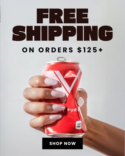 The ad features a hand crushing a red can of a Vybes drink. Text above promotes free shipping on orders of $125 or more,