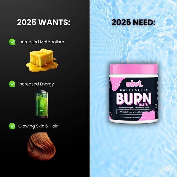 This ad compares what people want in 2025 versus what they need, suggesting that Obvi Collagenic Burn Elite is a necessi