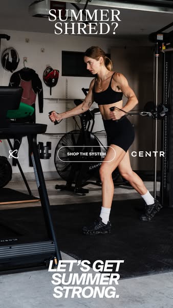 This Centr image ad features a woman working out with a cable machine and weights in what appears to be a garage gym. Th