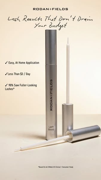 This image ad highlights Rodan + Fields Lash Boost serum by emphasizing its ease of use, affordability, and effectivenes