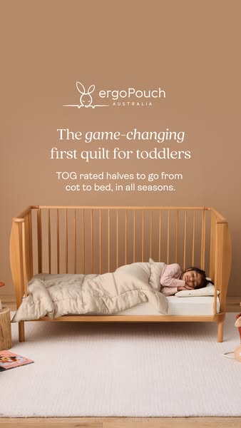 This image ad showcases the ergoPouch quilt for toddlers, emphasizing its adaptability for use in both cots and beds acr