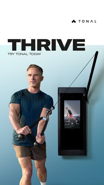 This image ad for Tonal features a man using the Tonal machine. The ad highlights the brand name and encourages viewers 