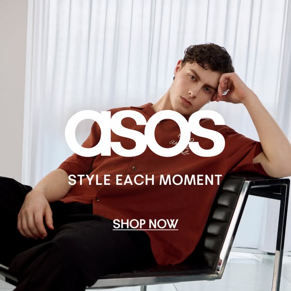This ad for ASOS features a young man in a rust-colored shirt and black pants, casually posed in a chair. The ad highlig