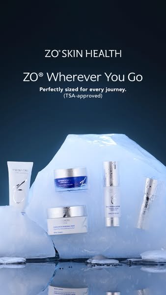 This ad showcases ZO Skin Health's travel-sized skincare products, emphasizing their convenience and TSA approval fo