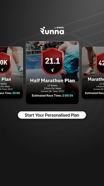 Ad for the Runna app, showing the app interface with options for personalized running plans of varying distances and dur