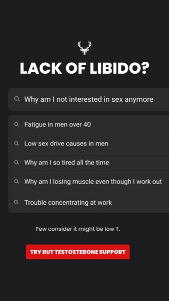 The ad presents a list of common problems people search online, then suggests that low testosterone could be the underly
