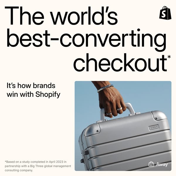 This ad promotes Shopify's checkout as the world's best converting checkout and shows a suitcase.
