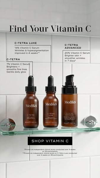 This ad showcases three vitamin C serums from Medik8 that address different skin concerns. It highlights the unique bene