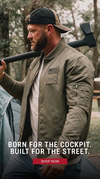 This ad features a man wearing a bomber jacket. The ad highlights the jacket's durability and style.