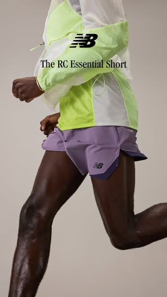 This ad showcases New Balance's RC Essential Short, highlighting its design and functionality for running.