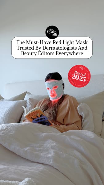 An image ad promoting a red light mask, featuring a person wearing the mask while reading in bed. The ad highlights the 