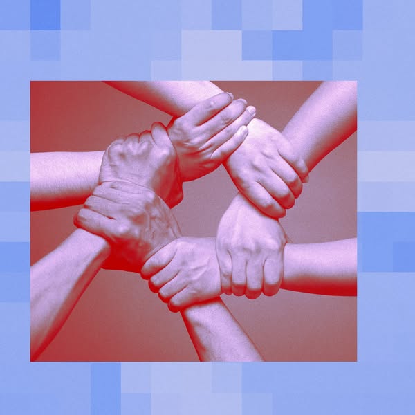 This image ad features a close-up of several hands clasped together in a circle, symbolizing unity and strength. The ima