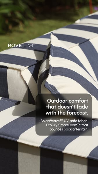 An ad showing a close up of Rove Lab outdoor furniture with blue and white striped fabric. It calls out the features of 