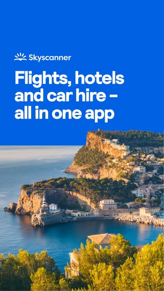 This image ad for Skyscanner promotes its app as a one-stop solution for booking flights, hotels, and car rentals. The a