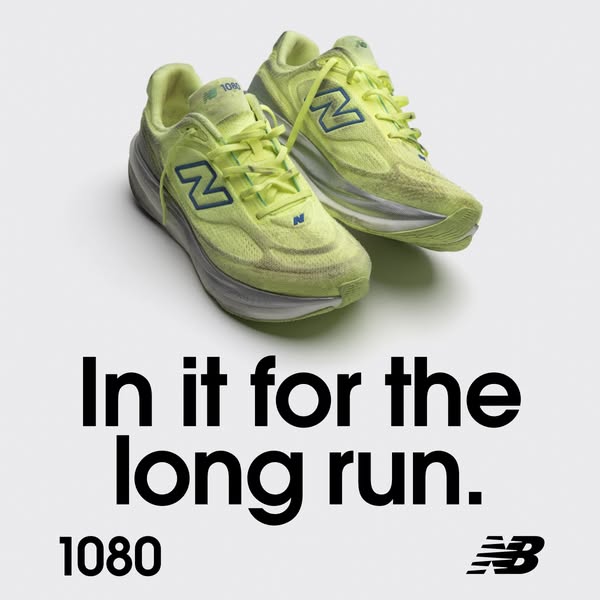 This is an ad for New Balance 1080 running shoes. The ad features a pair of New Balance 1080 running shoes on a light ba