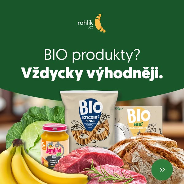 This ad showcases a variety of organic food products available from Rohlik.cz, emphasizing their affordability.