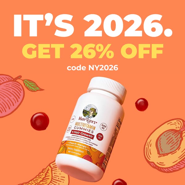 This image ad promotes Mary Ruth's Multivitamin Gummies + Hair Growth with an offer of 26% off using code NY2026. Th