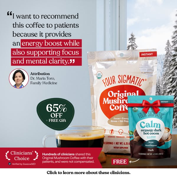 This ad features a testimonial from a doctor recommending Four Sigmatic mushroom coffee to her patients because it provi
